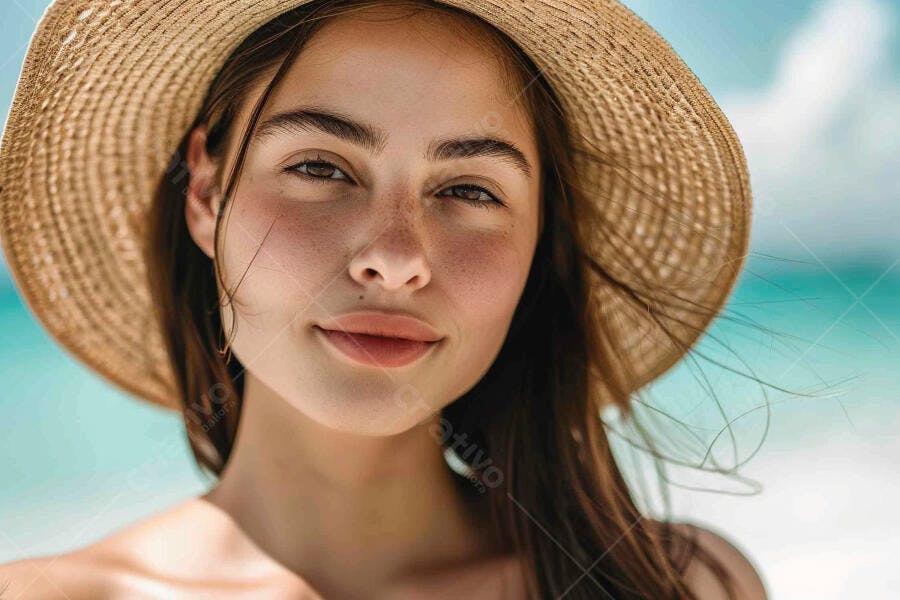 Foto Mulher Jovem Chapéu de Palha Praia Verão Lifestyle