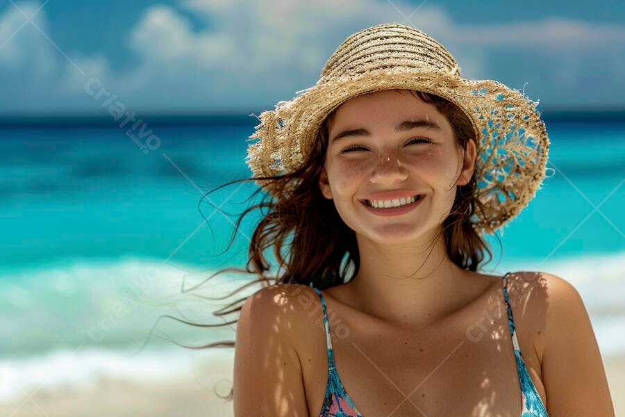 Foto Mulher Sorrindo Chapéu de Palha Praia Verão
