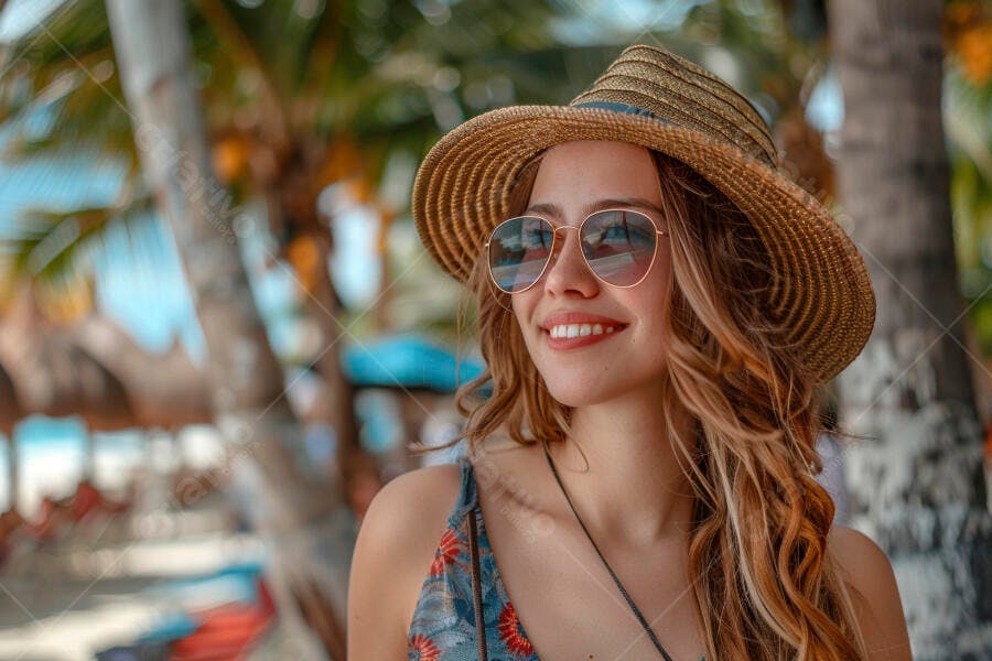 Foto Mulher Jovem Sorrindo Chapéu Praia Verão