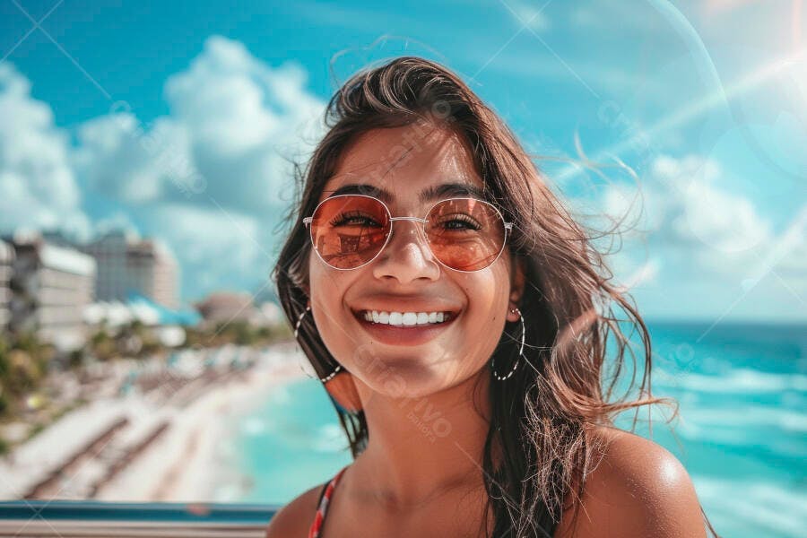Foto Mulher Jovem Sorrindo Óculos de Sol Praia Ensolarada Verão