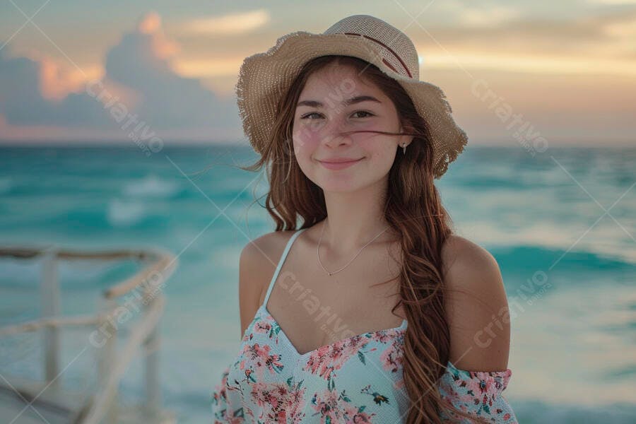 Foto Mulher Jovem Sorrindo Chapéu Praia Pôr do Sol
