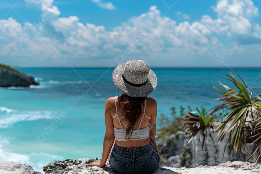 Foto Mulher Chapéu Observando Mar Azul Caribe Viagem