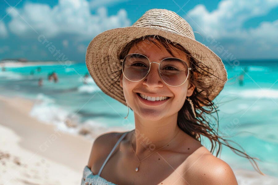 Foto Mulher Jovem Sorrindo Chapéu Praia Verão Ensolarado