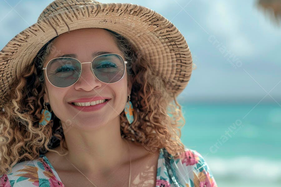 Foto Mulher Sorrindo Óculos de Sol Chapéu Praia Verão