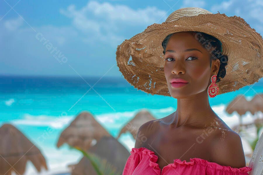 Foto Mulher Negra Chapéu Praia Mar Azul Verão