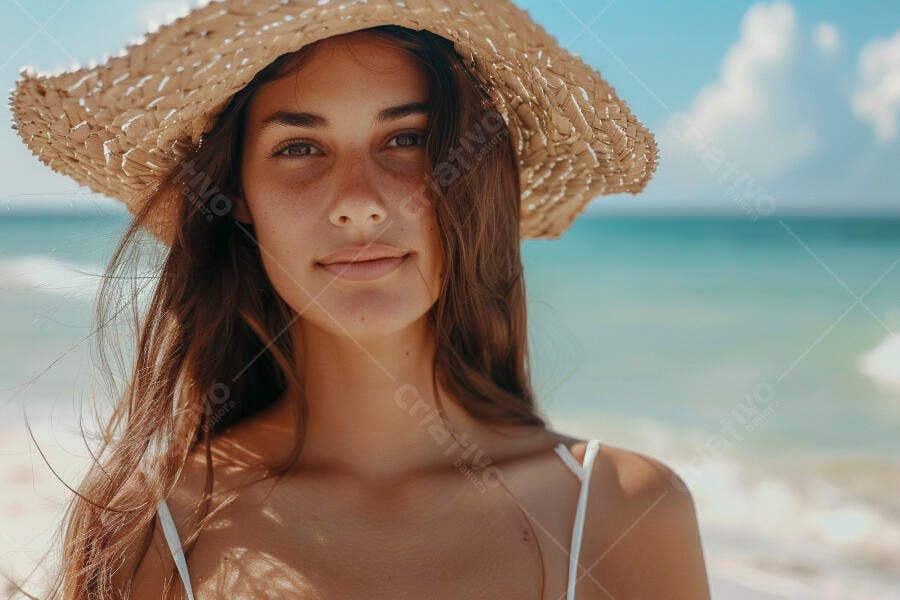 Foto Mulher Jovem Chapéu de Palha Praia Verão Lifestyle