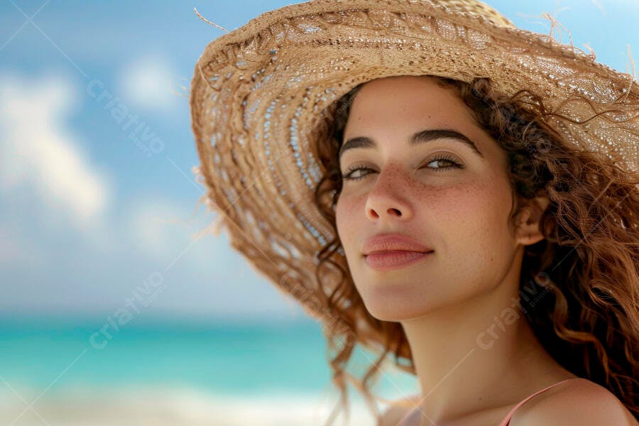 Foto Mulher Jovem Chapéu de Palha Praia Verão Ensolarado