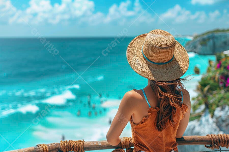 Foto Mulher Chapéu Observando Mar Azul Caribe Viagem