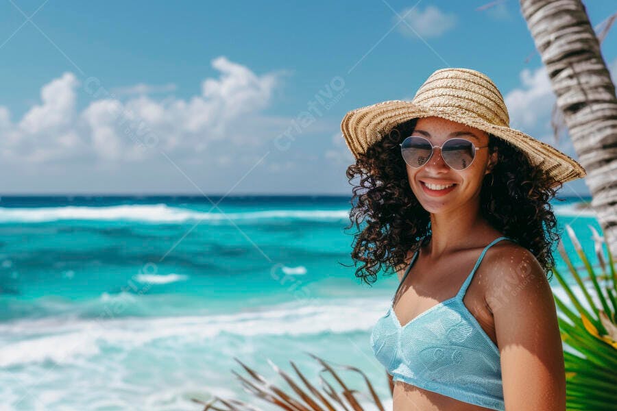 Foto Mulher Sorrindo Chapéu Praia Tropical Verão