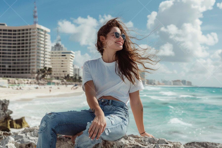 Foto Mulher Jovem Sorrindo Praia Cenário Urbano Verão