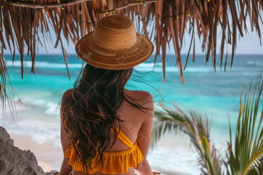 Foto Mulher Chapéu de Palha Praia Tropical Férias Verão