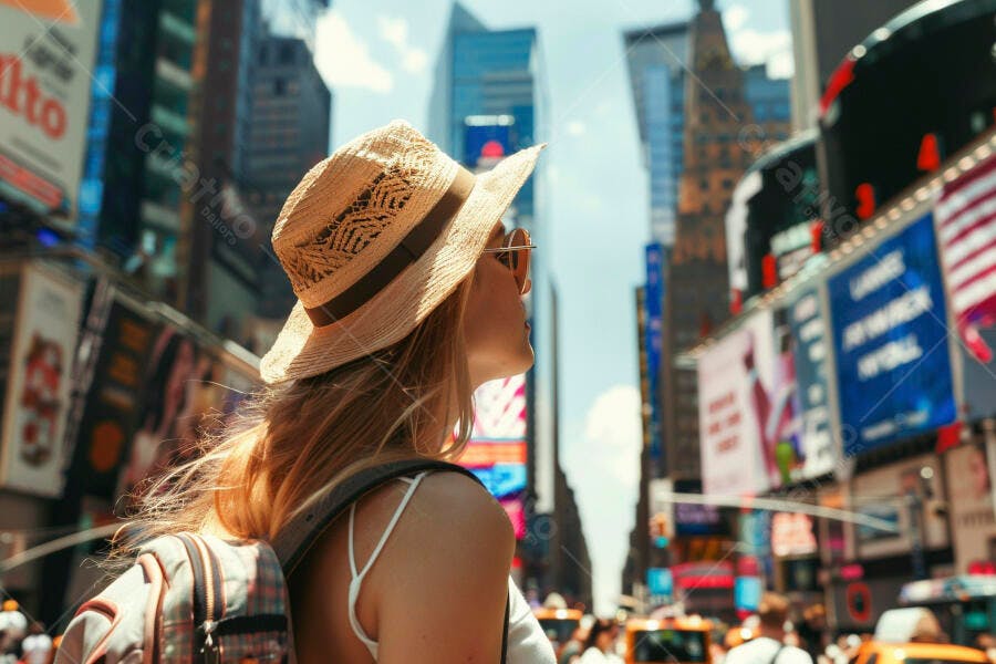 Foto Mulher Turista Chapéu Palha Observando Times Square Nova York
