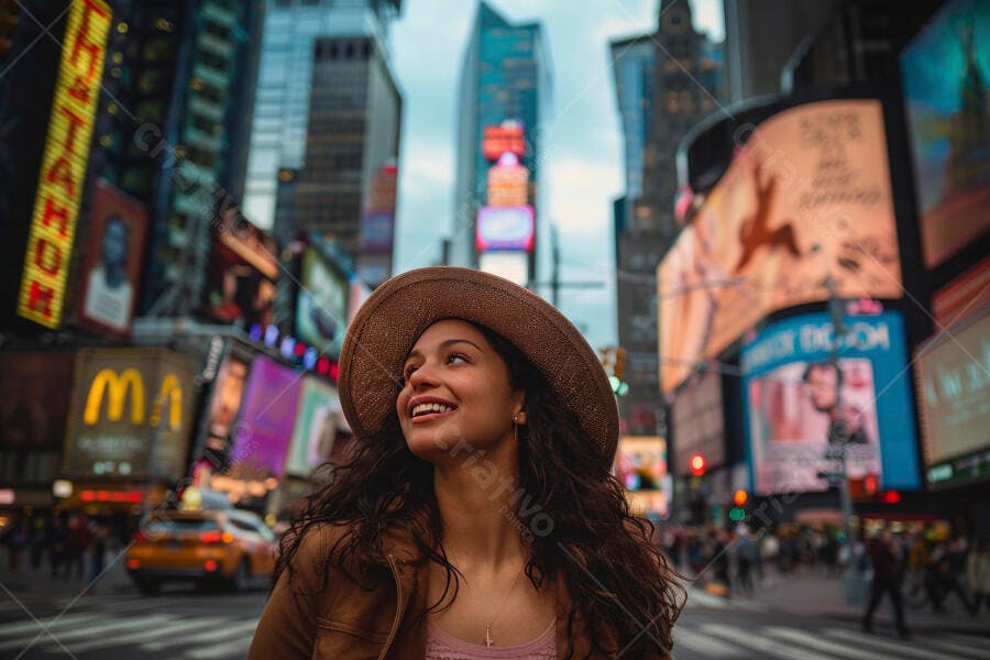 Foto Mulher Jovem Sorrindo Chapéu Times Square Nova York