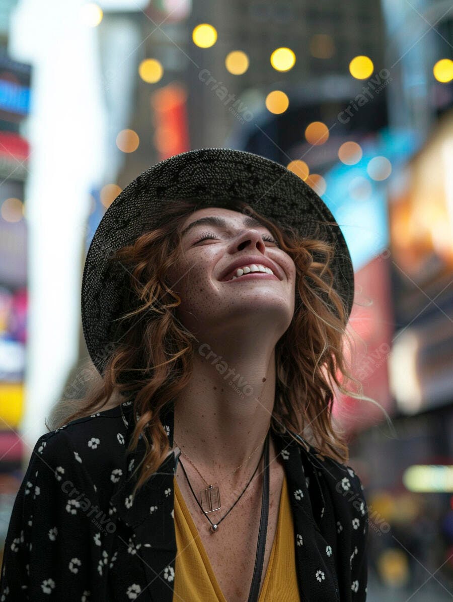 Foto Mulher Sorrindo Chapéu Cidade Luzes Bokeh