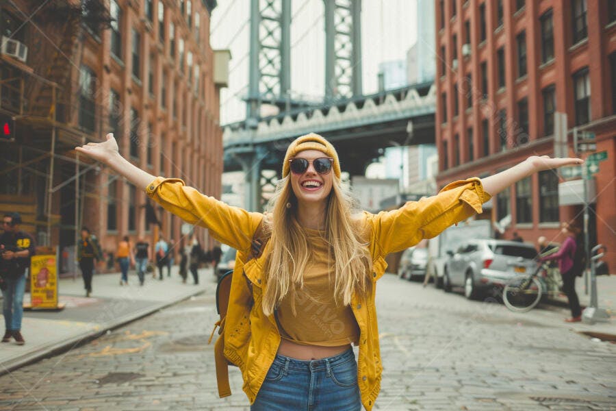 Foto Mulher Loira Feliz Braços Abertos Rua Urbana Nova York