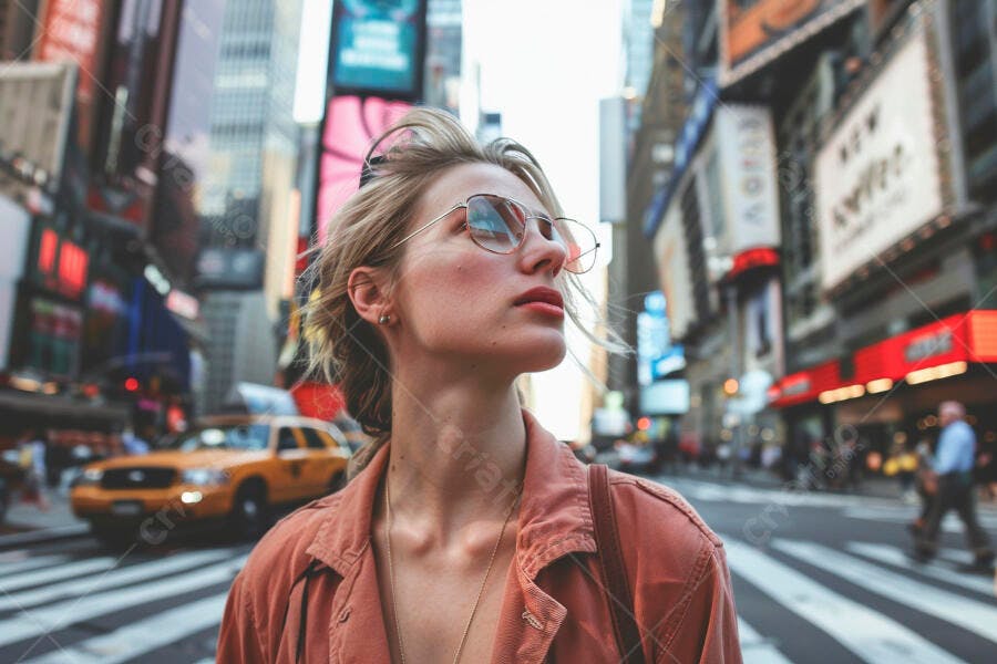 Foto Mulher Loira Óculos de Sol Olhando para Cima Cidade Grande