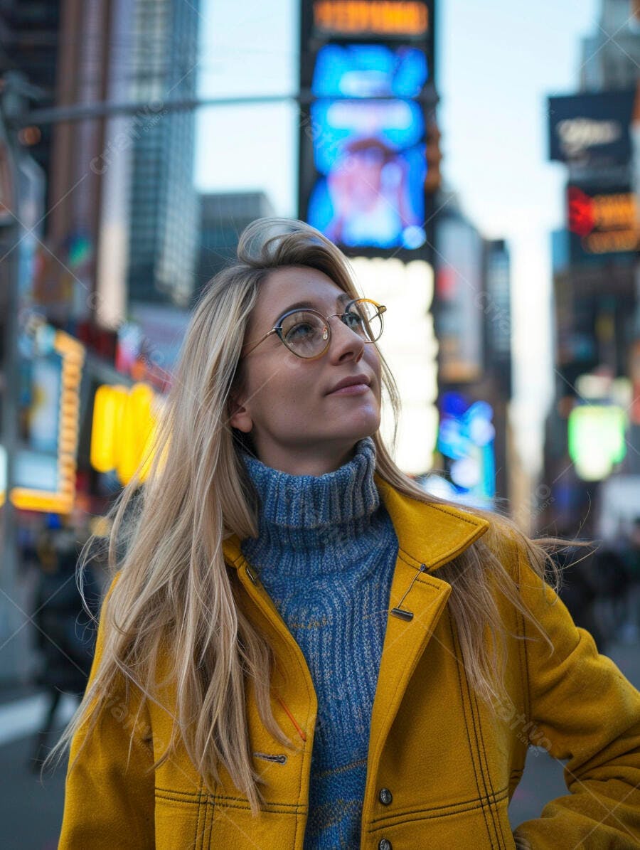 Foto Mulher Loira Óculos Casaco Amarelo Cidade Grande
