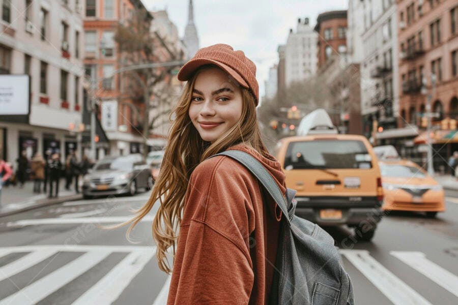 Foto Jovem Mulher Sorrindo Andando Rua Cidade Urbana