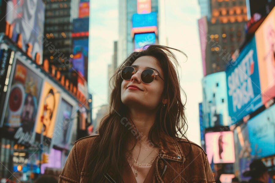 Foto Mulher Jovem Óculos de Sol Olhando Cima Cidade Grande