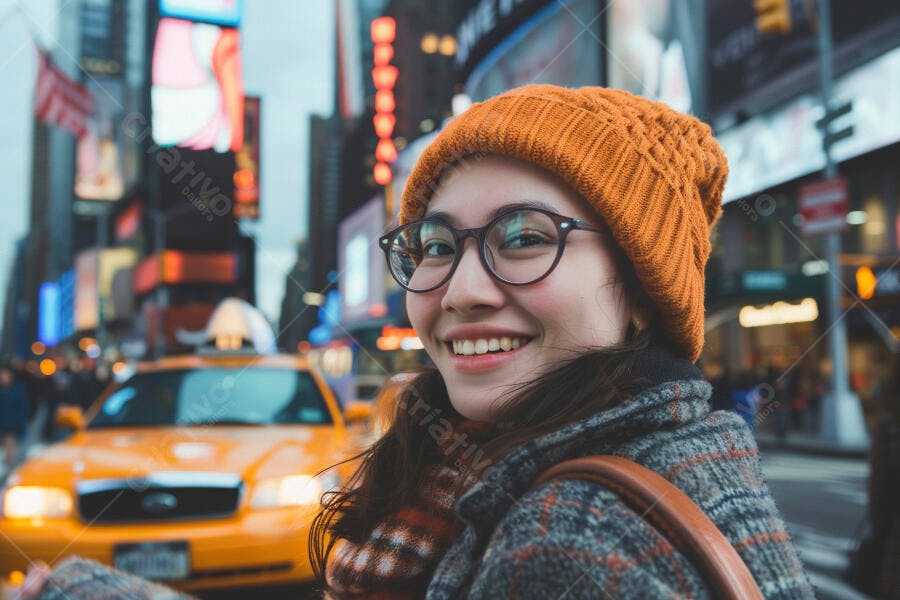 Foto Mulher Asiática Sorrindo Óculos Gorro Laranja Nova York