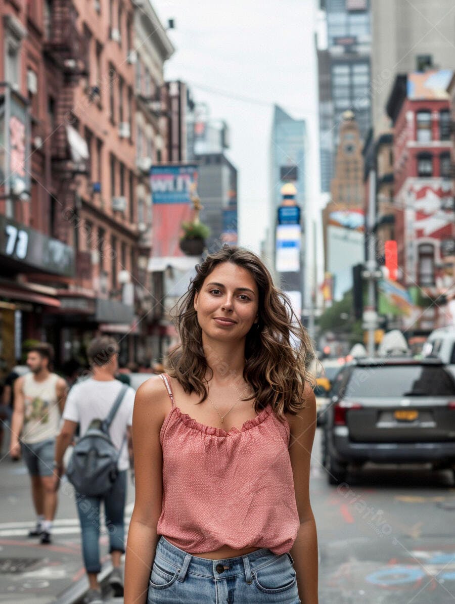 Foto Mulher Jovem Sorrindo Caminhando Rua Cidade Grande
