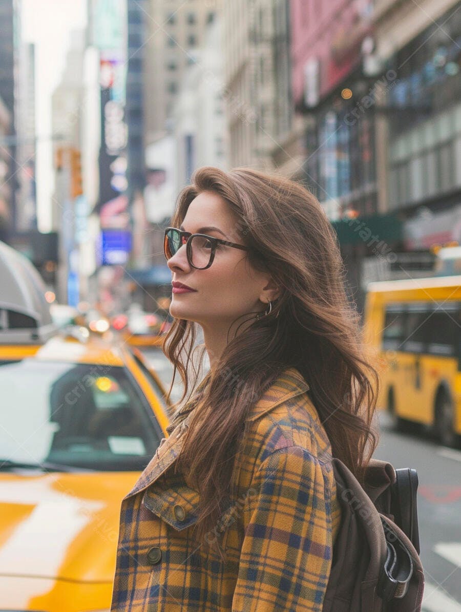 Foto Mulher Jovem Óculos Olhando Cidade Urbana