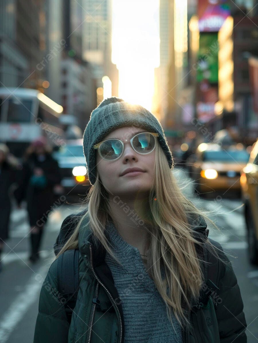 Foto Jovem Mulher Loira Óculos Sol Rua Cidade Inverno