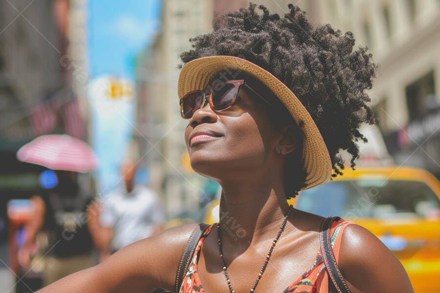 Foto Mulher Negra Sorrindo Chapéu Óculos de Sol Rua Cidade