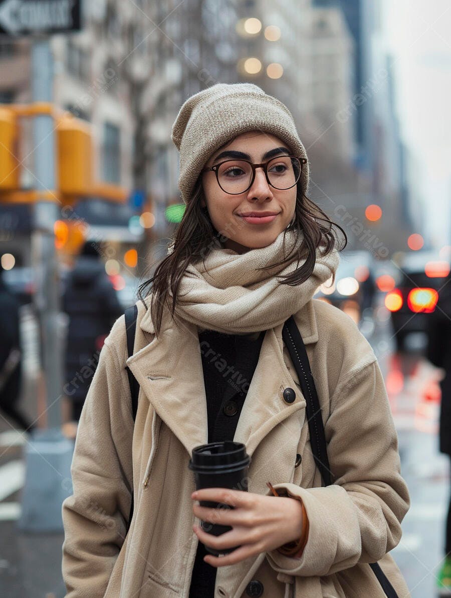 Foto Mulher Jovem Inverno Bebendo Café Rua Cidade