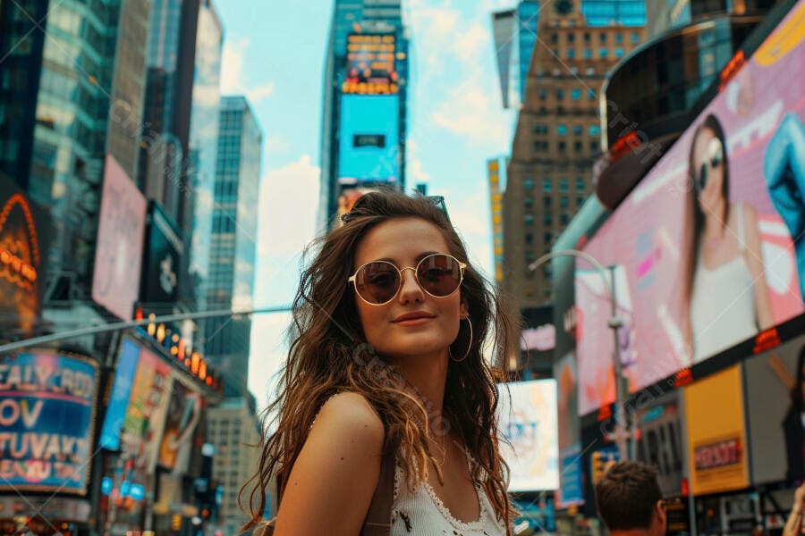 Foto Mulher Jovem Óculos de Sol Times Square Nova York