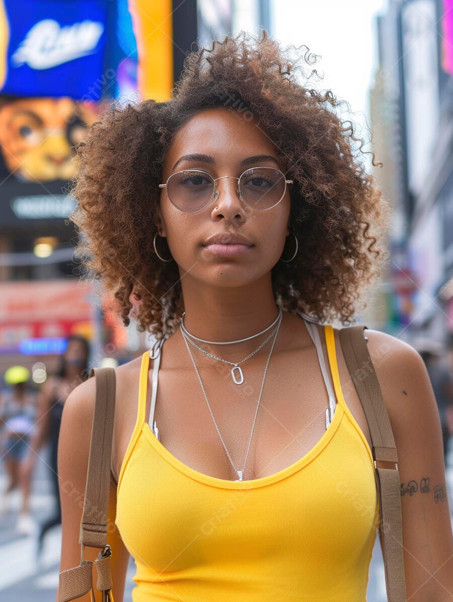 Foto Mulher Jovem Negra Cabelo Cacheado Óculos Rua Urbana