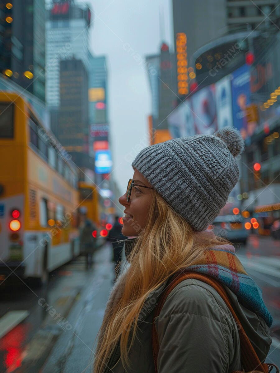 Foto Mulher Loira Usando Gorro Óculos Rua Cidade Grande