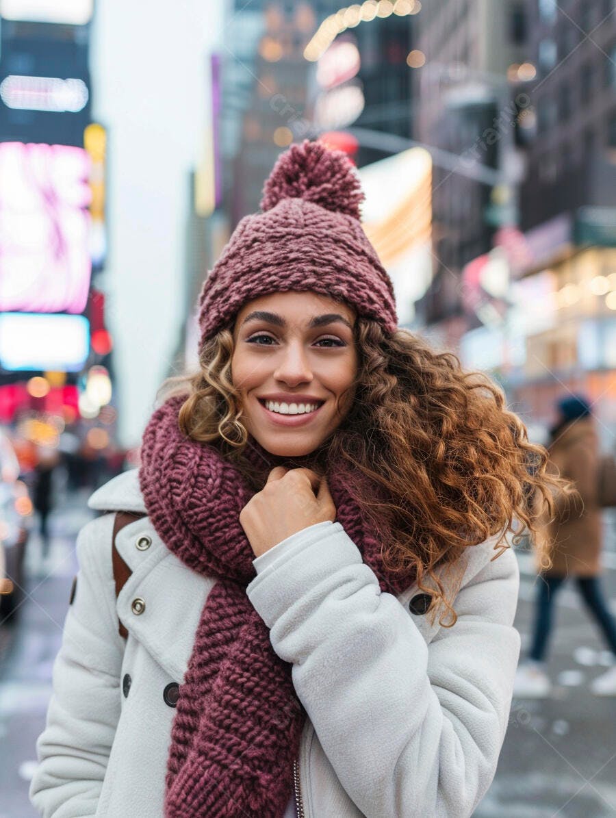 Foto Mulher Jovem Sorrindo Inverno Rua Urbana Cidade