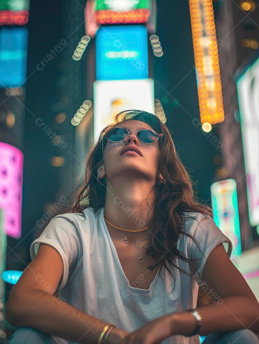 Foto Mulher Jovem Óculos Escuros Olhando para Cima Cidade Noturna