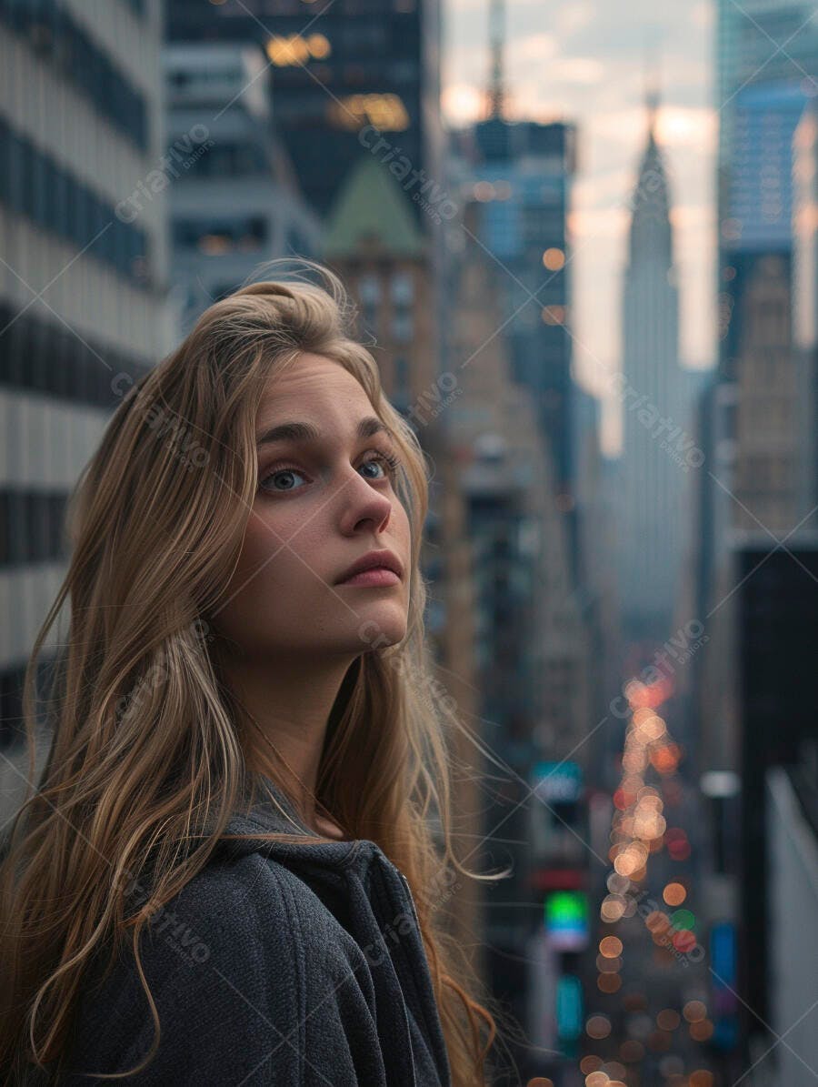 Foto Mulher Loira Pensativa Olhando para Cima Cidade Grande