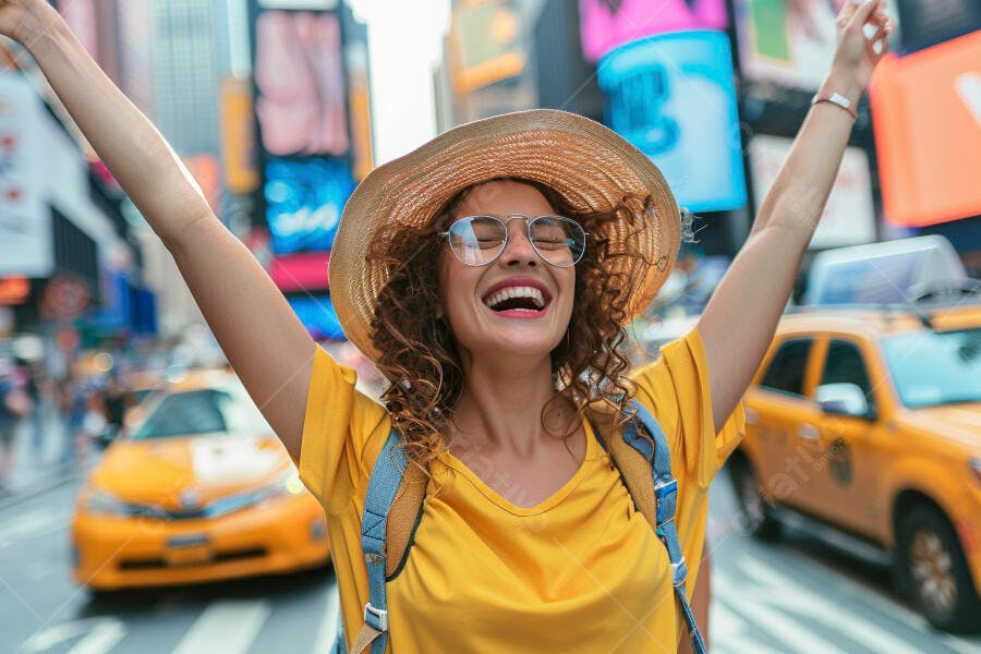 Foto Mulher Jovem Feliz Viajando Times Square Nova York