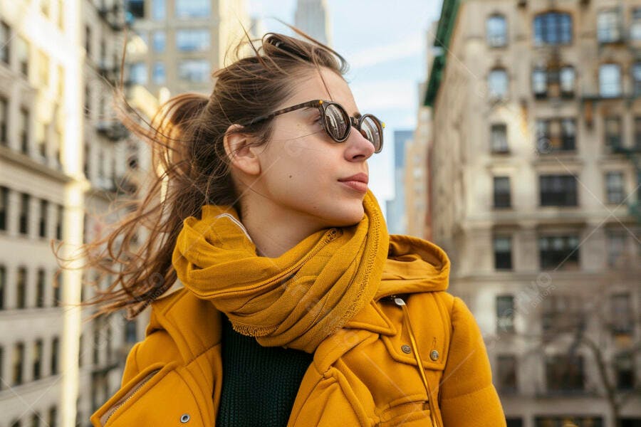 Foto Mulher Jovem Óculos de Sol Cachecol Amarelo Cidade