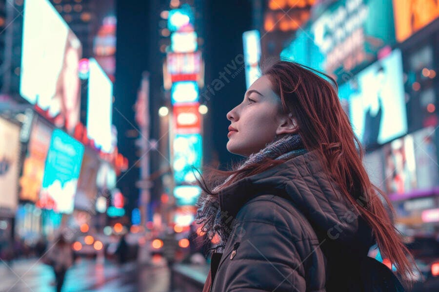 Foto Mulher Jovem Admirando Luzes da Cidade à Noite Times Square