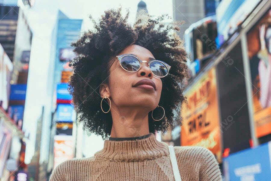 Foto Mulher Negra Cabelo Cacheado Óculos de Sol Cidade