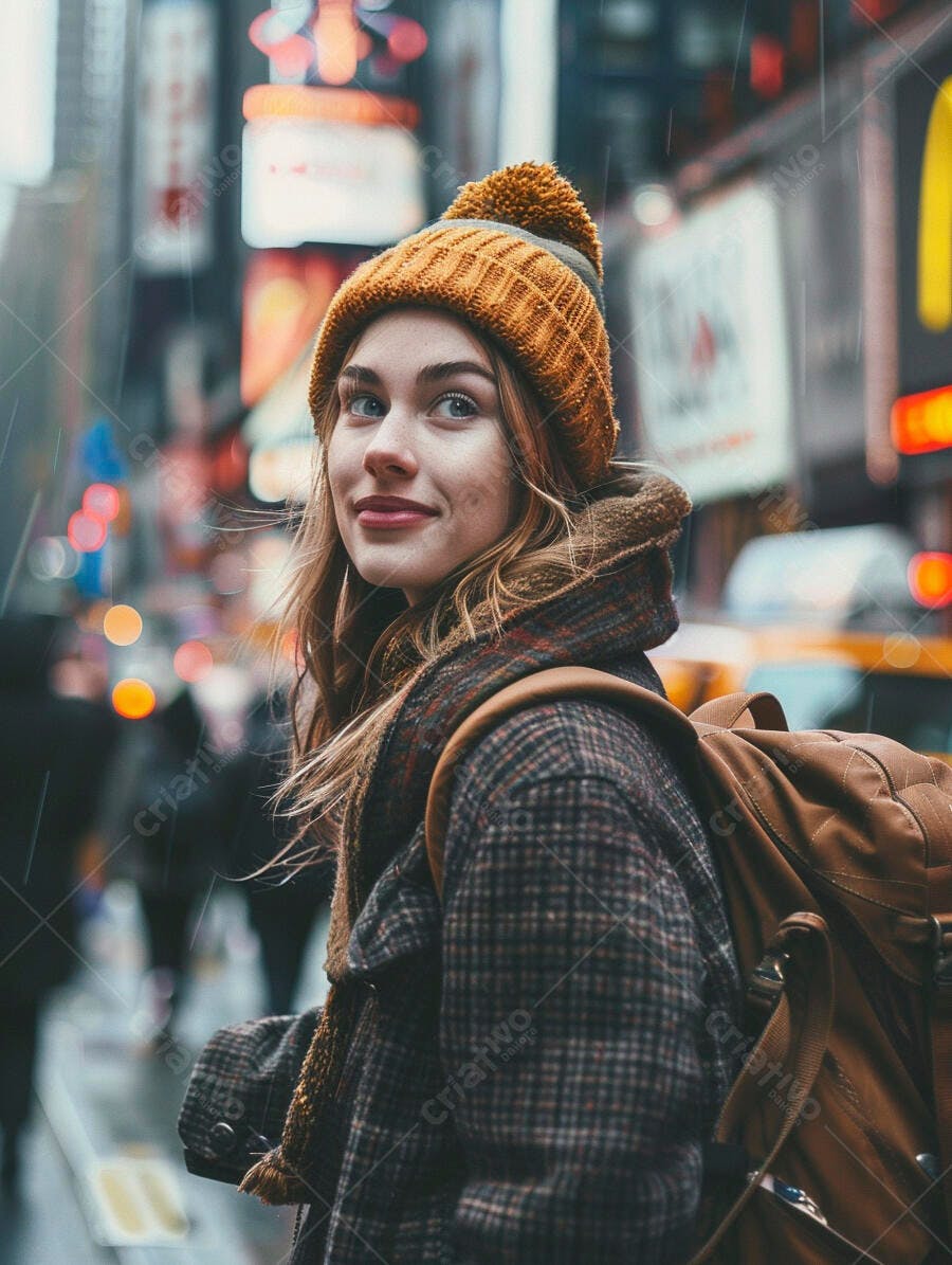 Foto Jovem Mulher Sorrindo Rua Urbana Cidade Inverno