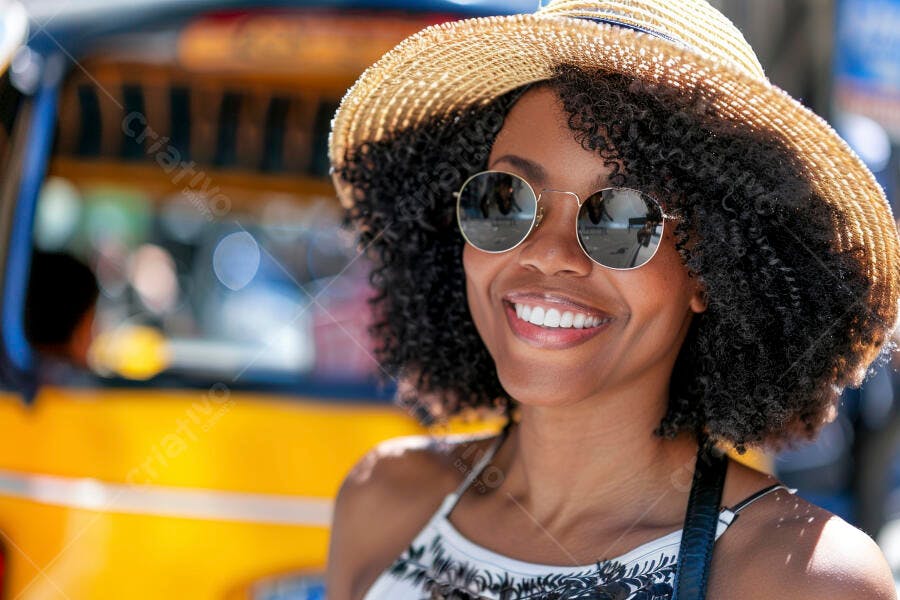 Foto Mulher Negra Sorrindo Chapéu Óculos de Sol Viagem