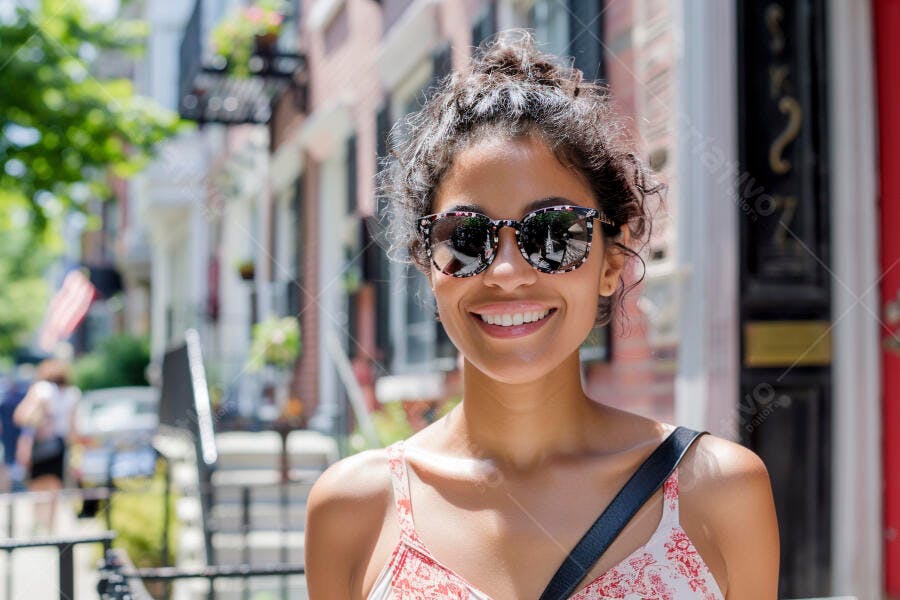 Foto Mulher Jovem Sorrindo Óculos de Sol Rua Urbana Verão