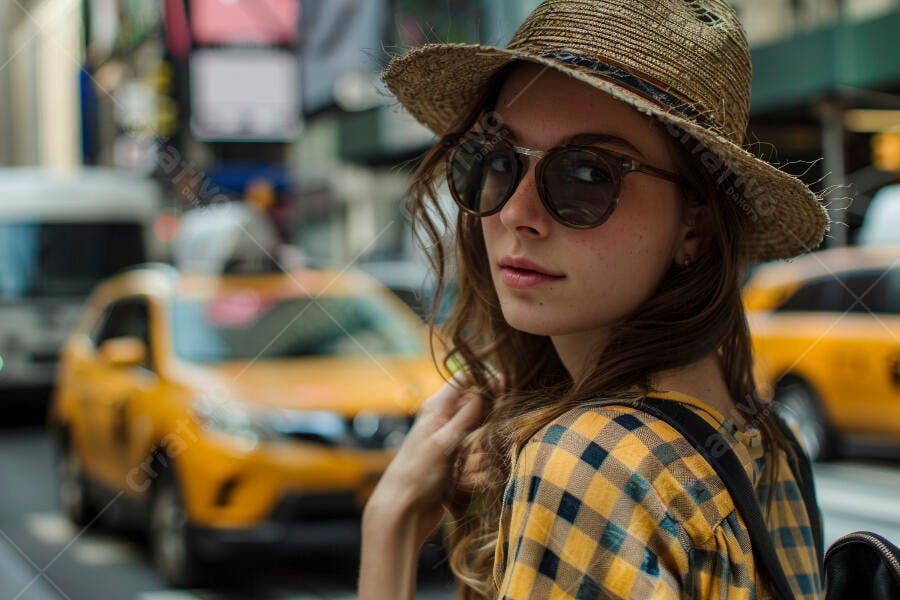 Foto Mulher Jovem Chapéu Óculos de Sol Rua Urbana Cidade