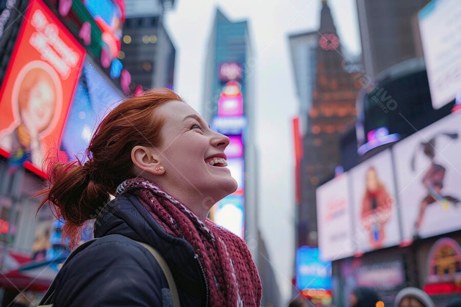 Foto Mulher Ruiva Sorrindo Admirando Cidade Grande Noite