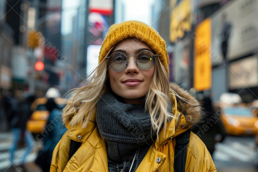 Foto Mulher Jovem Loira Sorrindo Óculos Inverno Cidade
