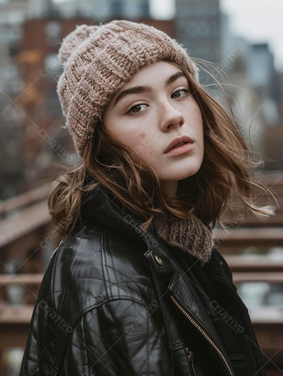Foto Retrato Jovem Mulher Casaco Couro Touca Inverno