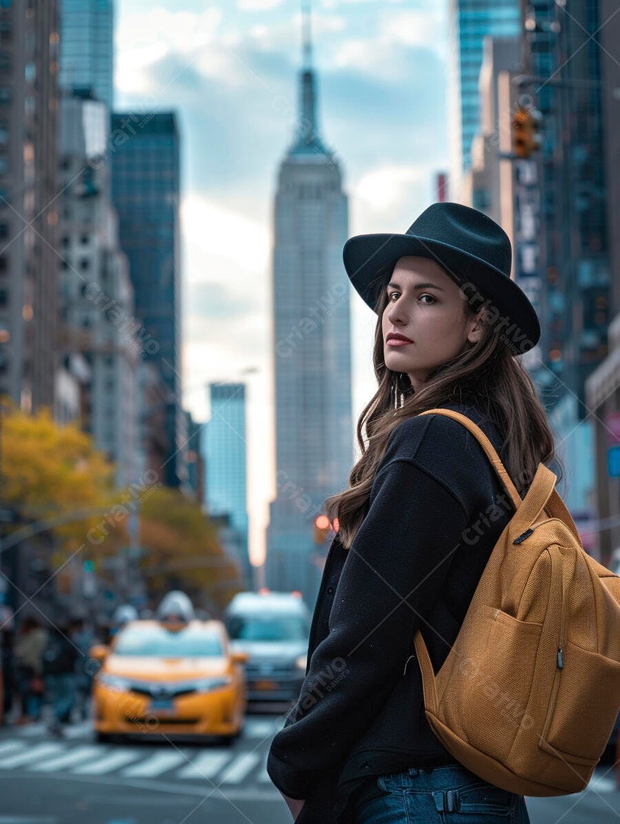 Foto Mulher Jovem Chapéu Mochila Rua Cidade Nova York