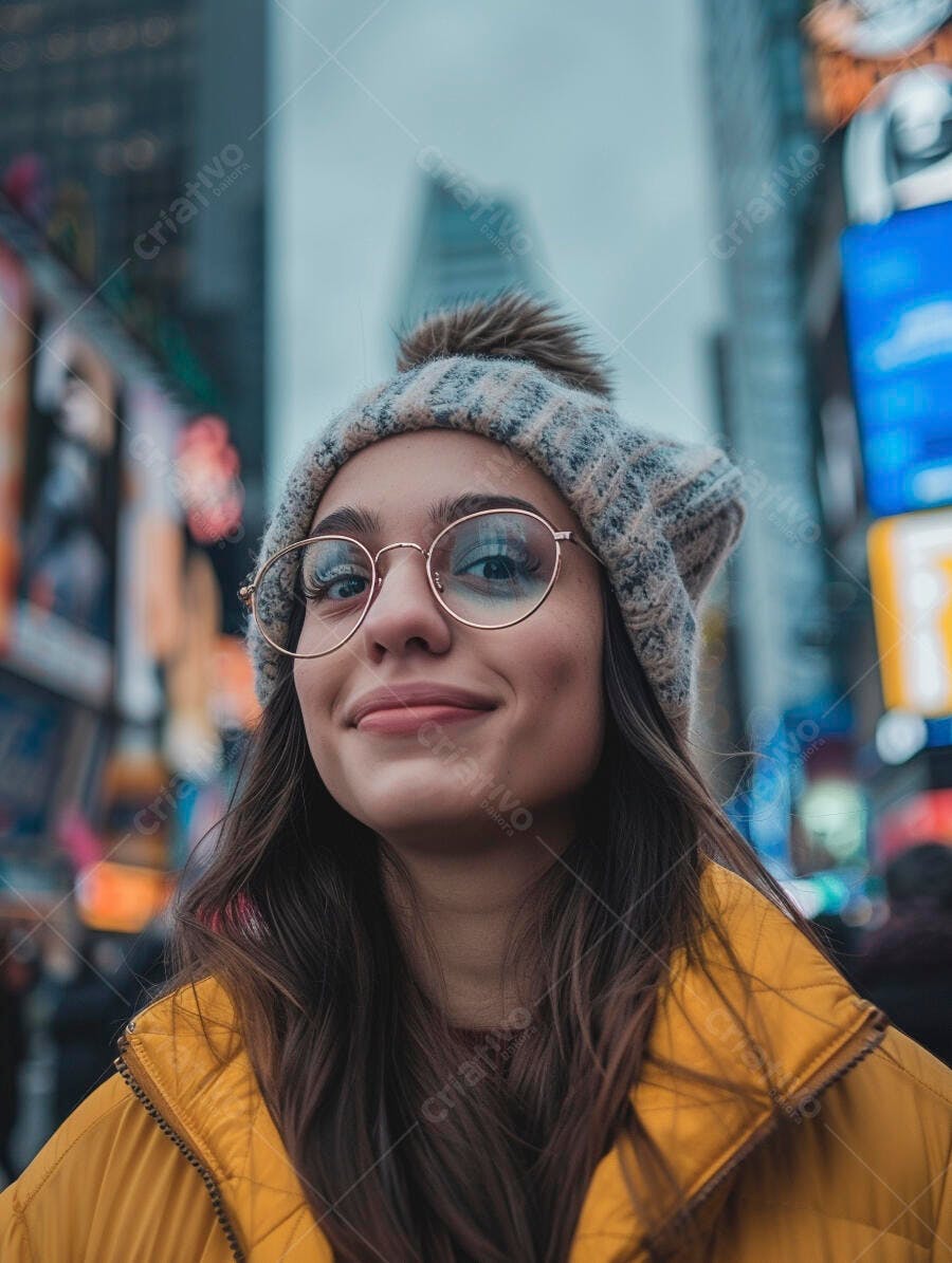 Foto Mulher Jovem Sorrindo Óculos Touca Cidade Urbana