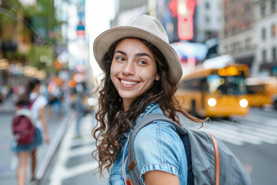 Foto Mulher Jovem Sorrindo Chapéu Mochila Cidade Grande