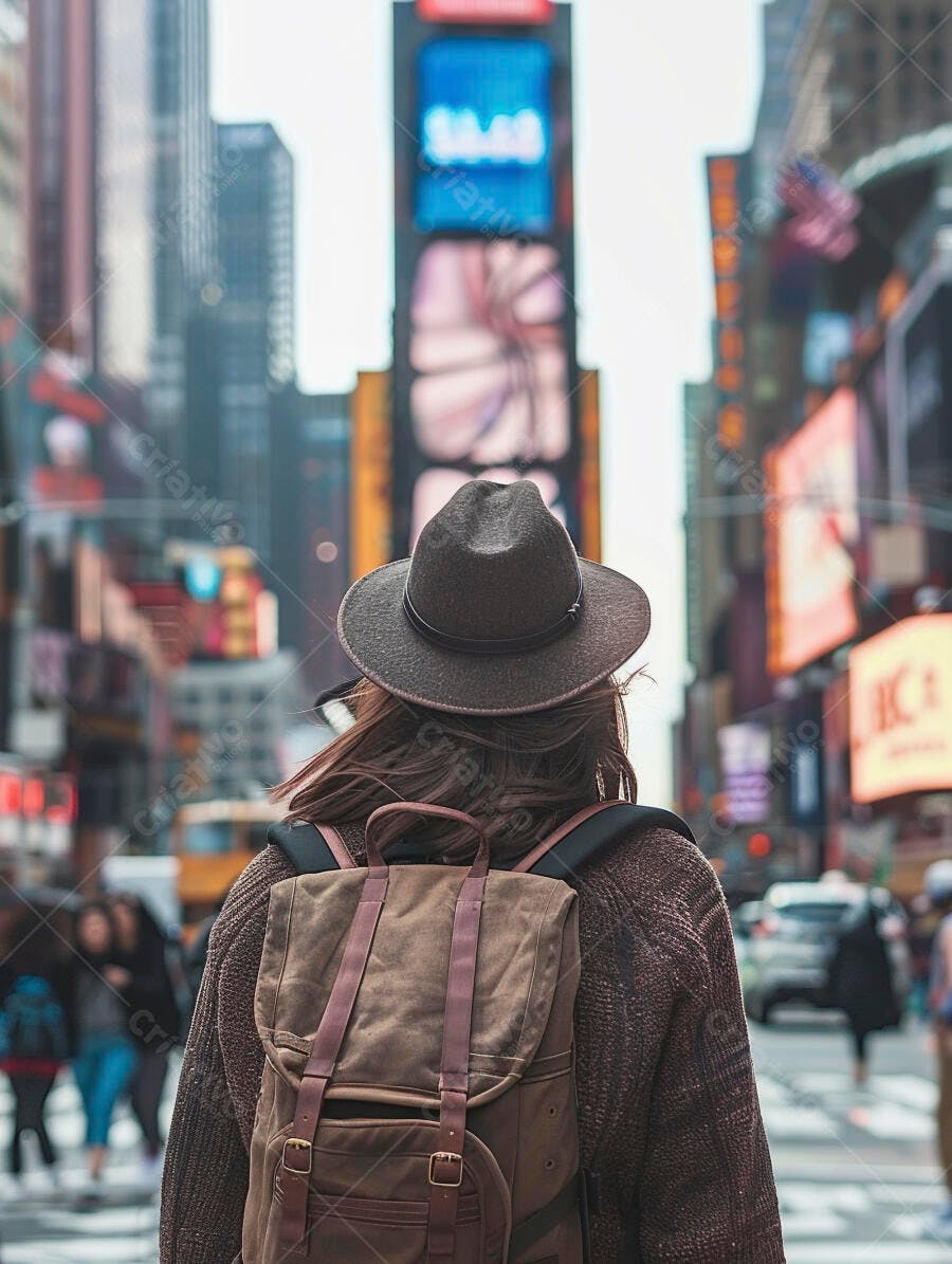 Foto Mulher Viajando Chapéu Mochila Times Square Nova York